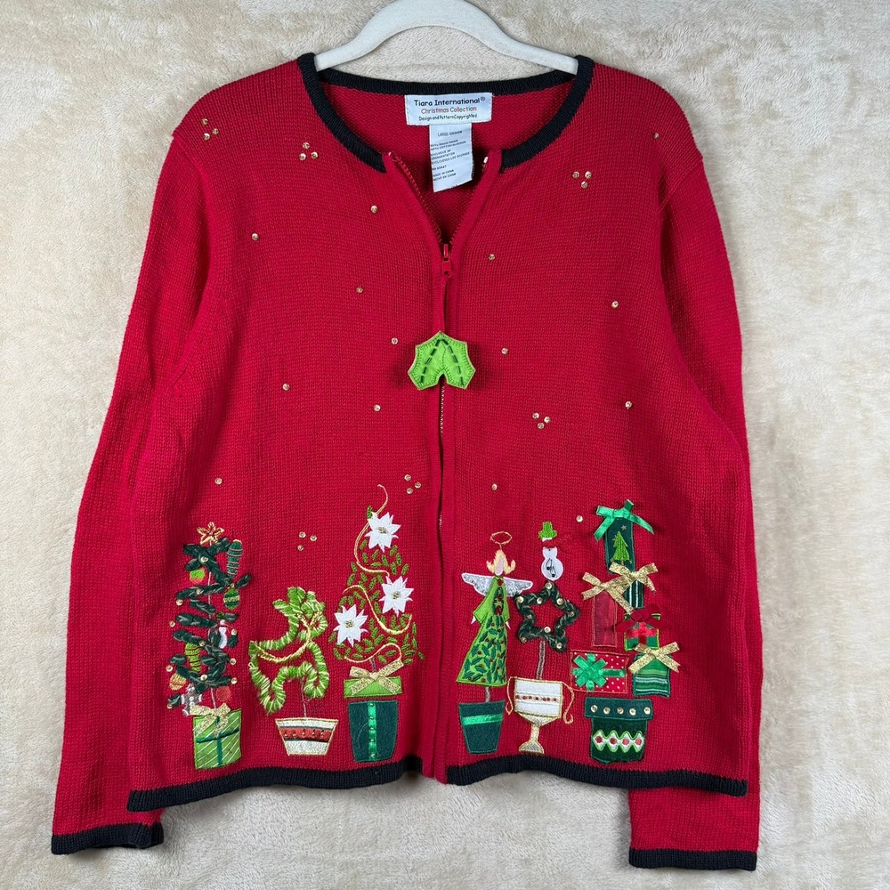 Tiara International Christmas‎ Collection Red Christmas Tree Sweater Women's L